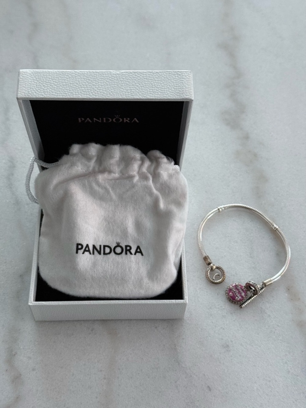 Pandora T-Bar Snake Chain Bracelet & Pink Birthday Cake Charm Set w/ Box & Pouch